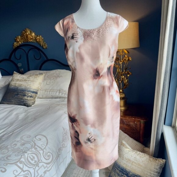 Jacques Vert Beige Brown Shimmer Floral Cocktail Dress - Picture 1 of 12